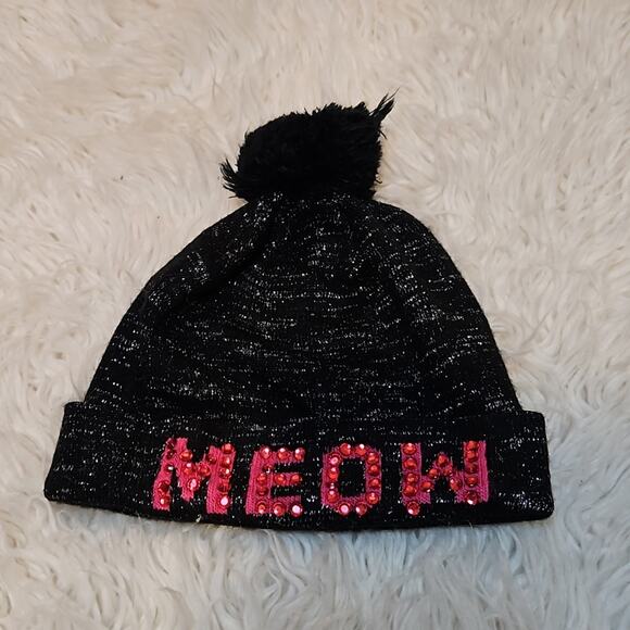 So Girls Black Meow Sparkly Beanie Winter Hat - Picture 1 of 4